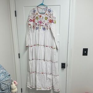 Mi Golondrina White Embroidered Maxi Dress with Multicolor Floral Motif